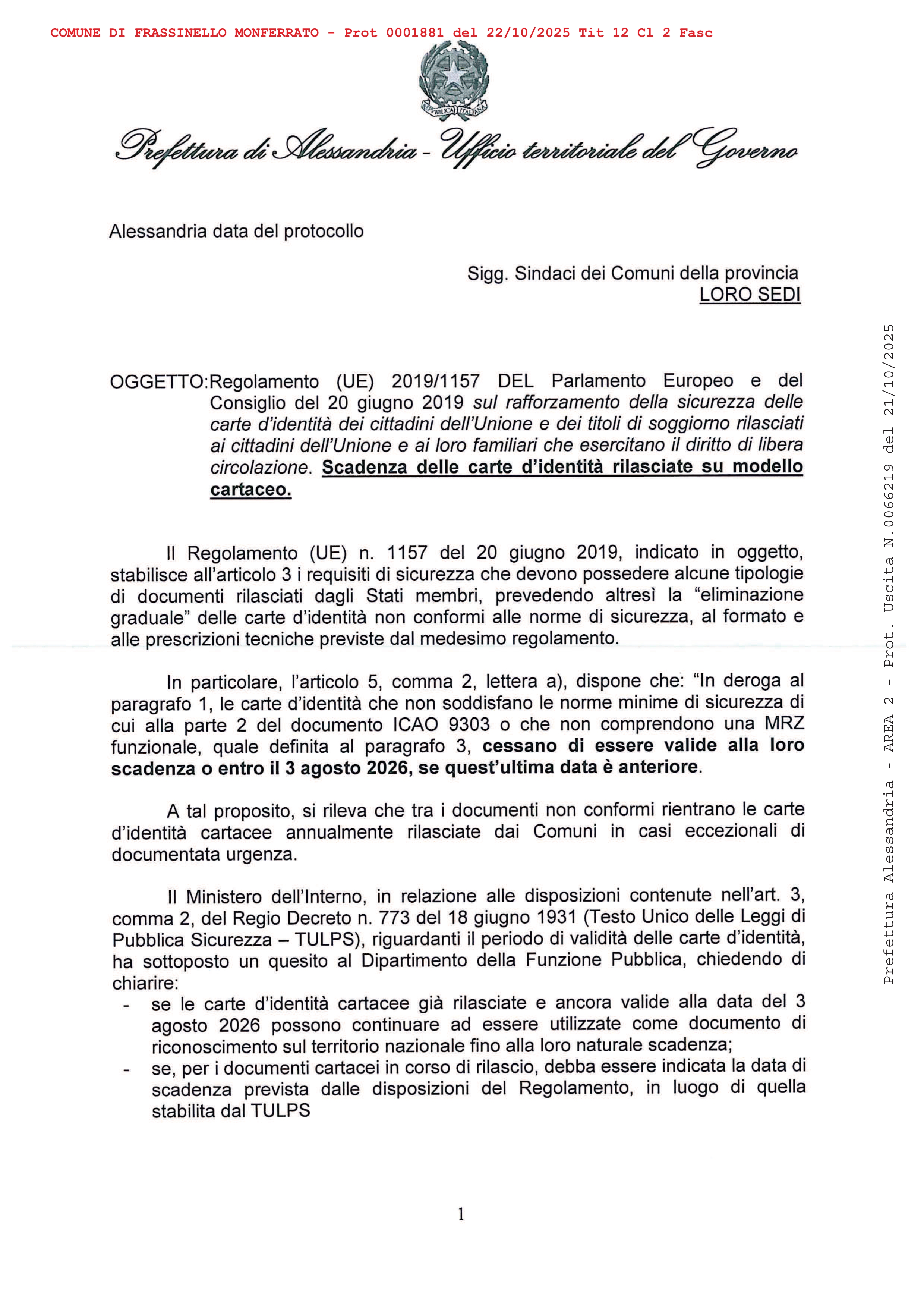 Scadenza delle carte d'identità rilasciate su modello cartaceo