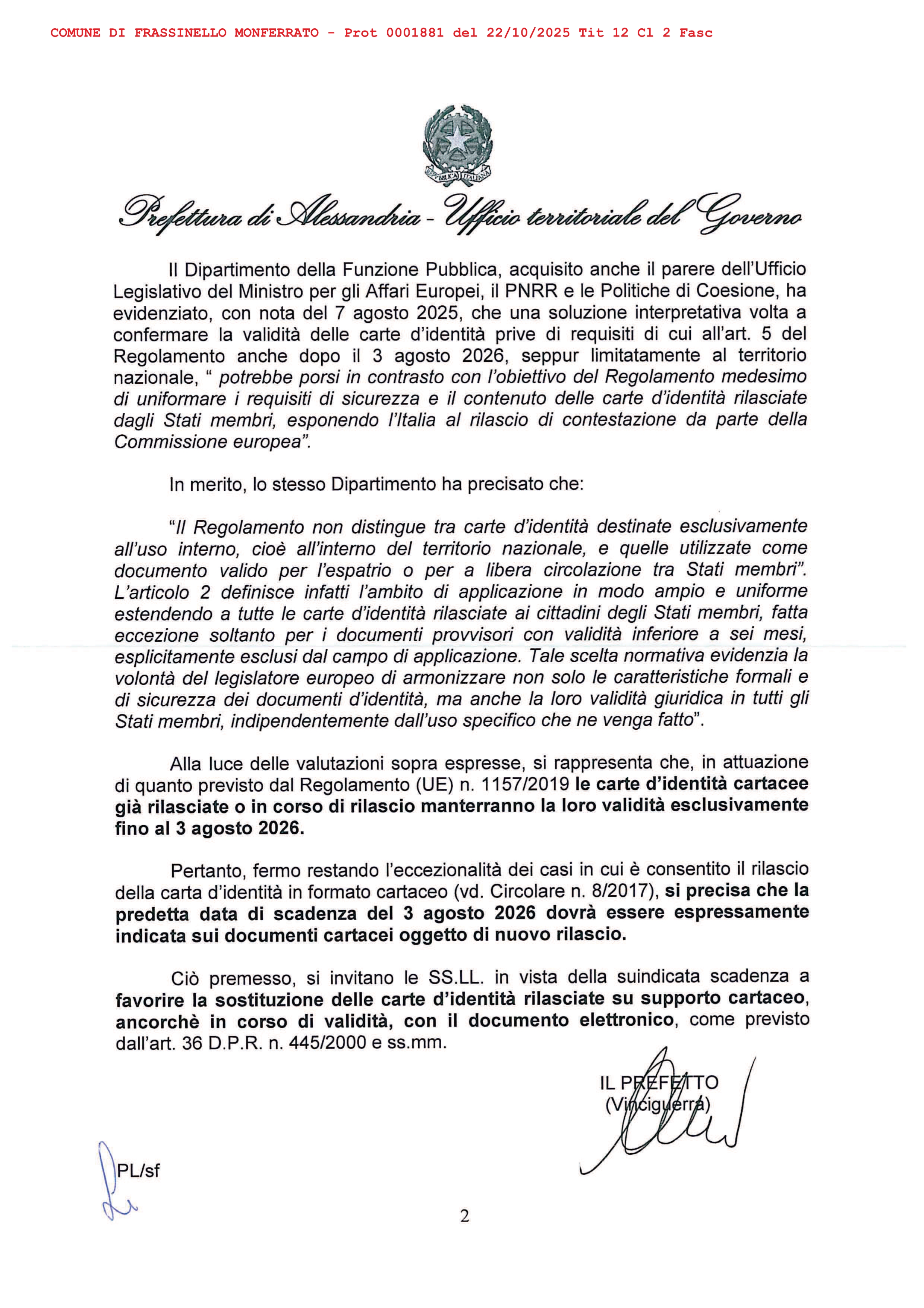 Scadenza delle carte d'identità rilasciate su modello cartaceo